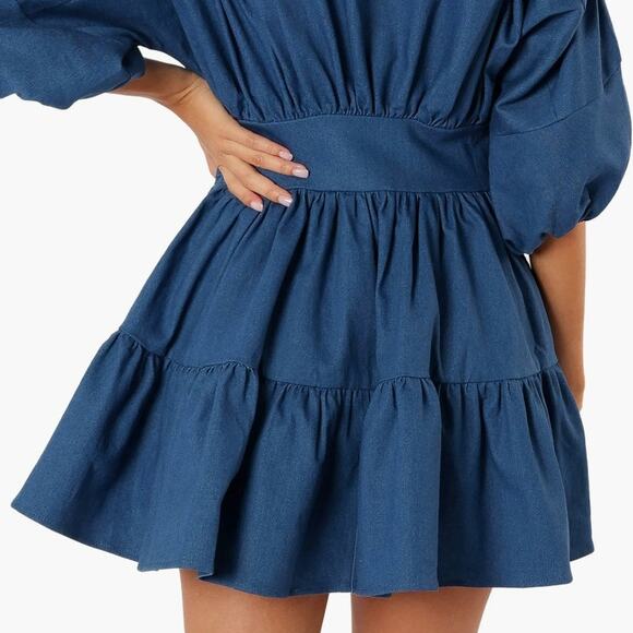 Petal + Pup Francis Denim Gathered Balloon Sleeve Tiered Flare Mini Dress - Picture 4 of 16